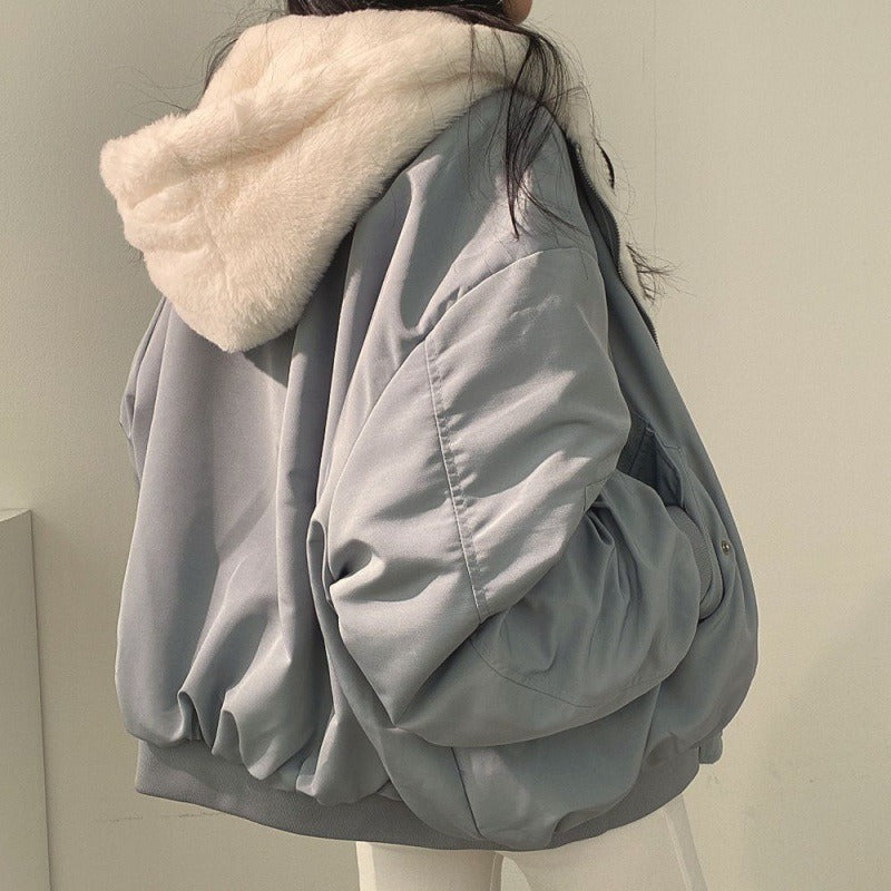 Female hooded jacket winter cotton jacket plus down thickening two sides wear lambswool cotton clothing women's winter new zipper top - Elevate