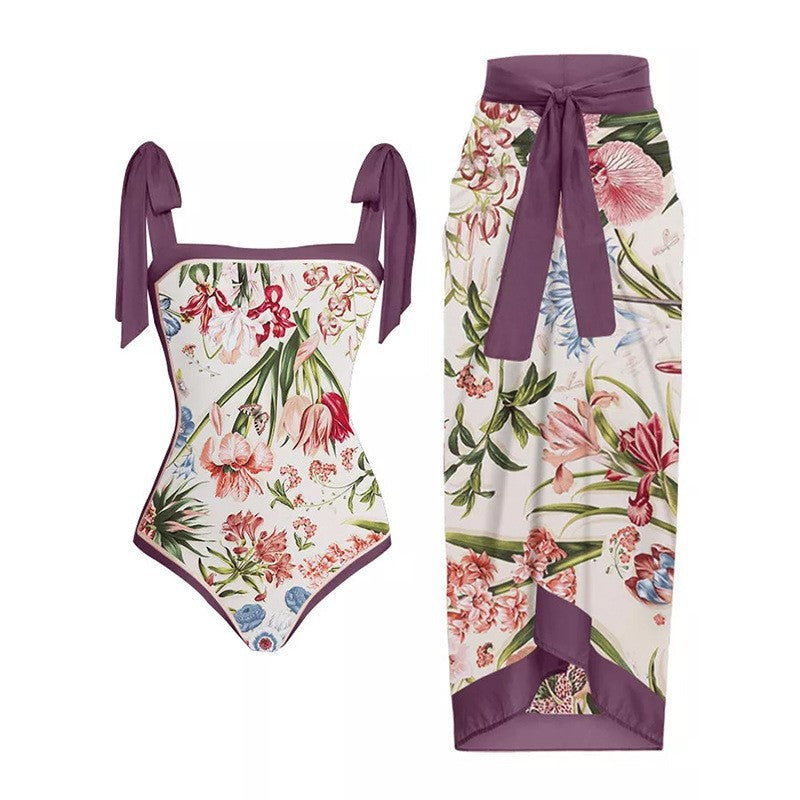 Women One Piece Swimsuit & Skirt Holiday Beach Dress Cover Up Female Retro Swimwear Vintage Surf Wear Summer Luxury Bikini - Elevate