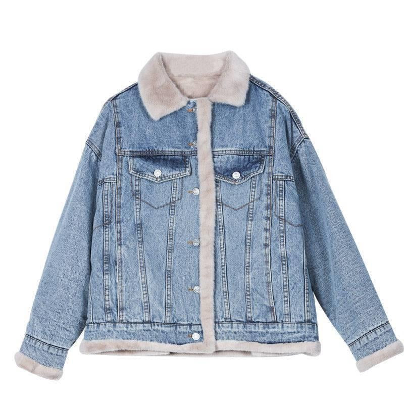Lambswool Jacket Two Sides Wear Lambswool Denim Jacket Female Plus Down Thickened Furry Casual Cotton Clothing Loose - Elevate