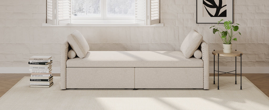 Modern cushioned lounge chair sofa bed with 2 drawers, small single sofa bed without mattress, linen, beige - Elevate