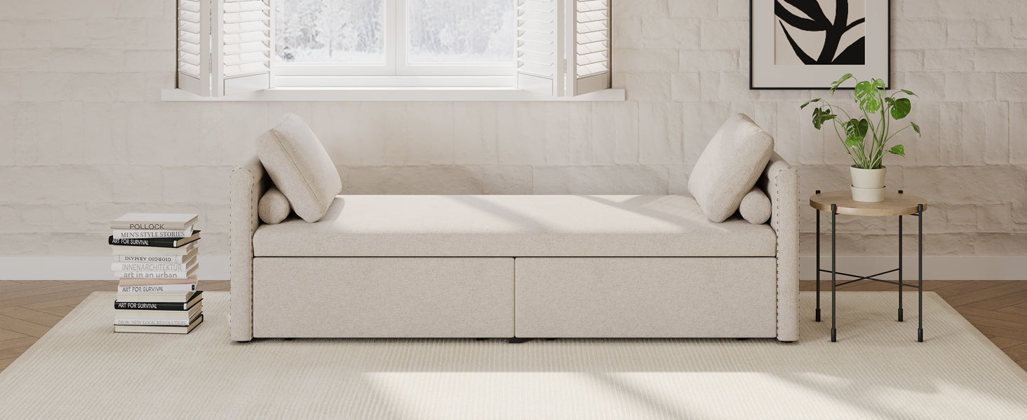 Modern cushioned lounge chair sofa bed with 2 drawers, small single sofa bed without mattress, linen, beige - Elevate