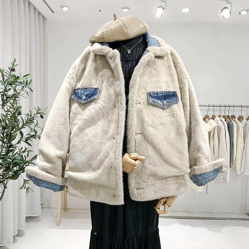 Lambswool Jacket Two Sides Wear Lambswool Denim Jacket Female Plus Down Thickened Furry Casual Cotton Clothing Loose - Elevate