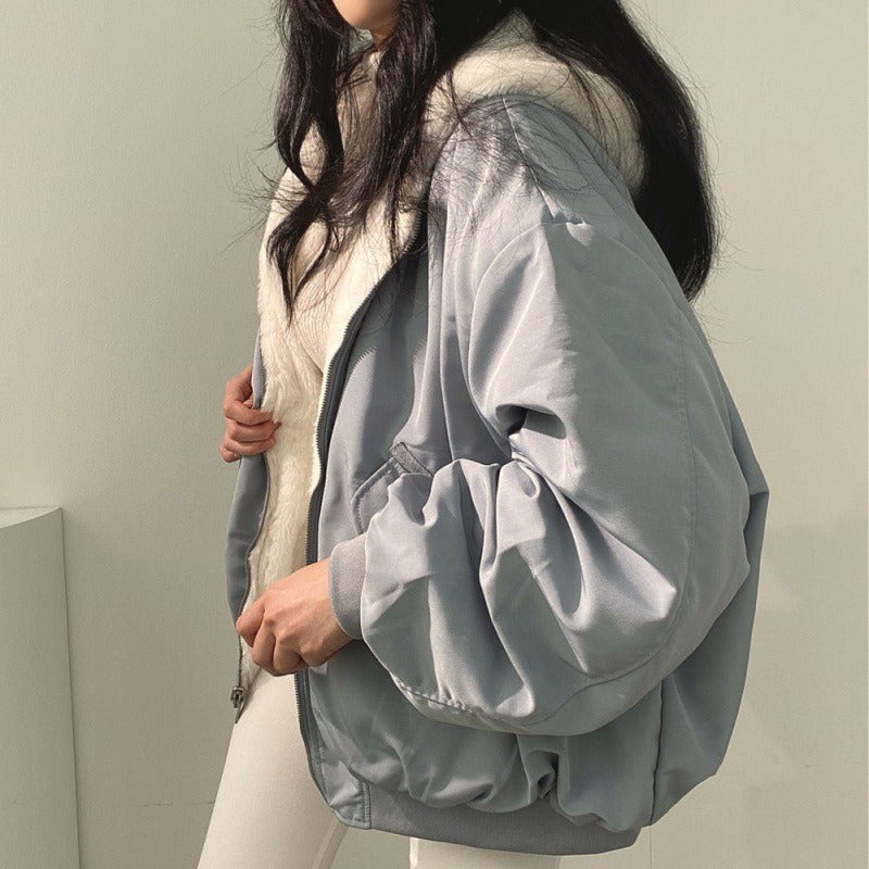 Female hooded jacket winter cotton jacket plus down thickening two sides wear lambswool cotton clothing women's winter new zipper top - Elevate