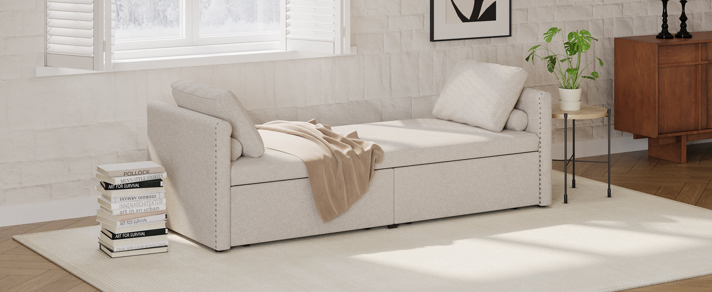Modern cushioned lounge chair sofa bed with 2 drawers, small single sofa bed without mattress, linen, beige - Elevate