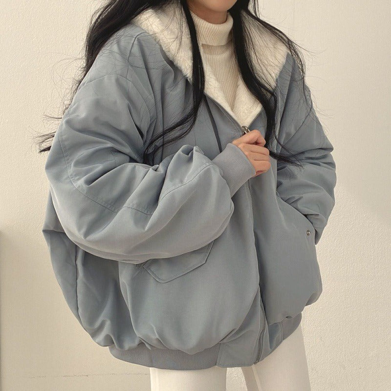 Female hooded jacket winter cotton jacket plus down thickening two sides wear lambswool cotton clothing women's winter new zipper top - Elevate