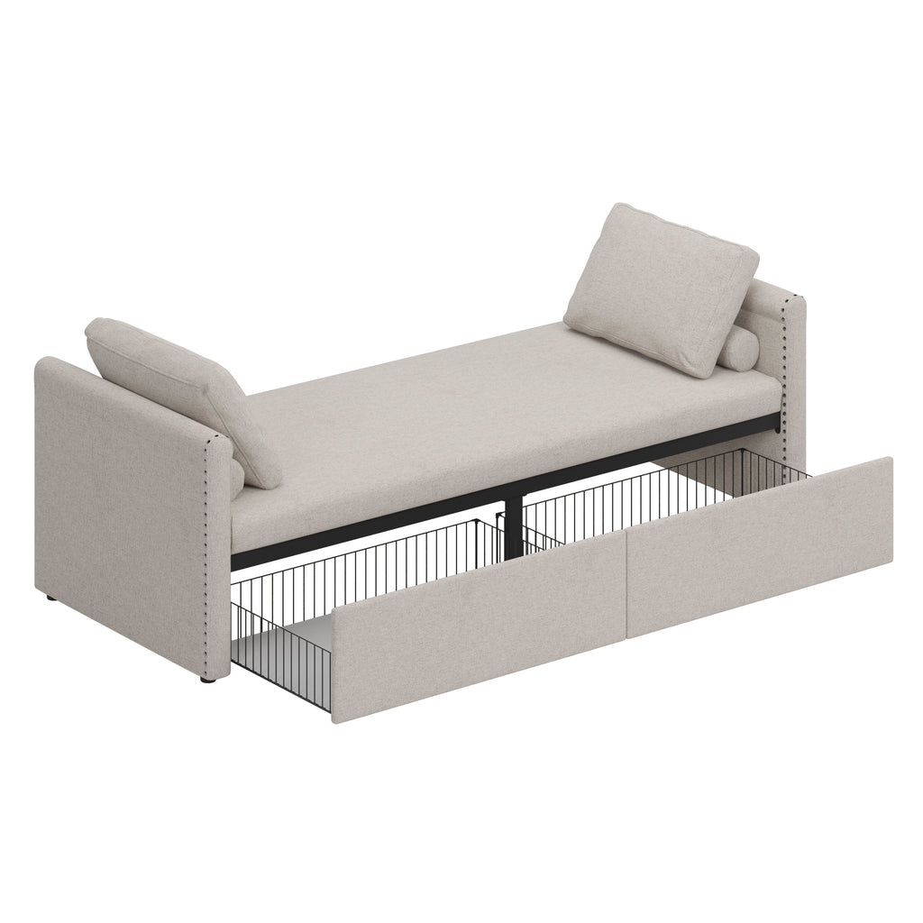Modern cushioned lounge chair sofa bed with 2 drawers, small single sofa bed without mattress, linen, beige - Elevate