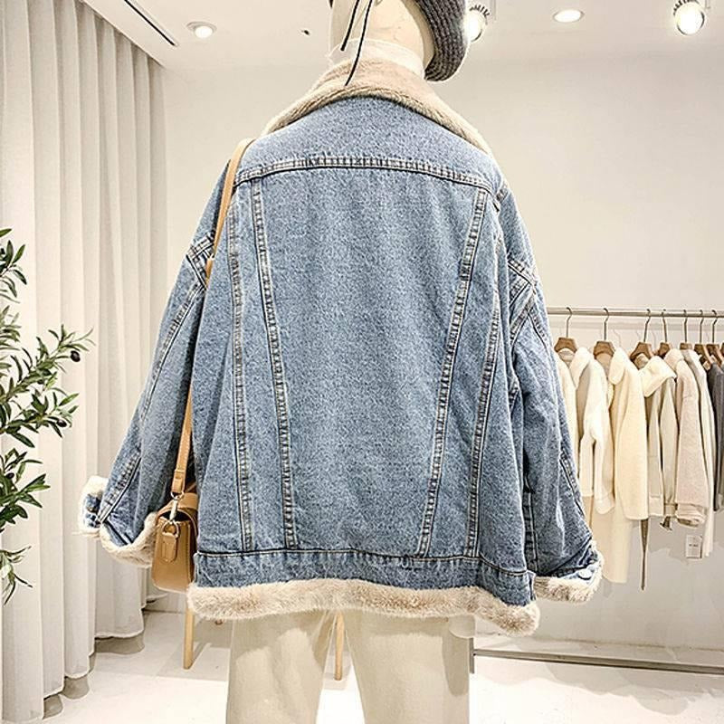 Lambswool Jacket Two Sides Wear Lambswool Denim Jacket Female Plus Down Thickened Furry Casual Cotton Clothing Loose - Elevate