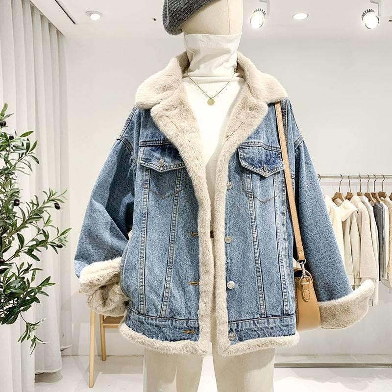 Lambswool Jacket Two Sides Wear Lambswool Denim Jacket Female Plus Down Thickened Furry Casual Cotton Clothing Loose - Elevate
