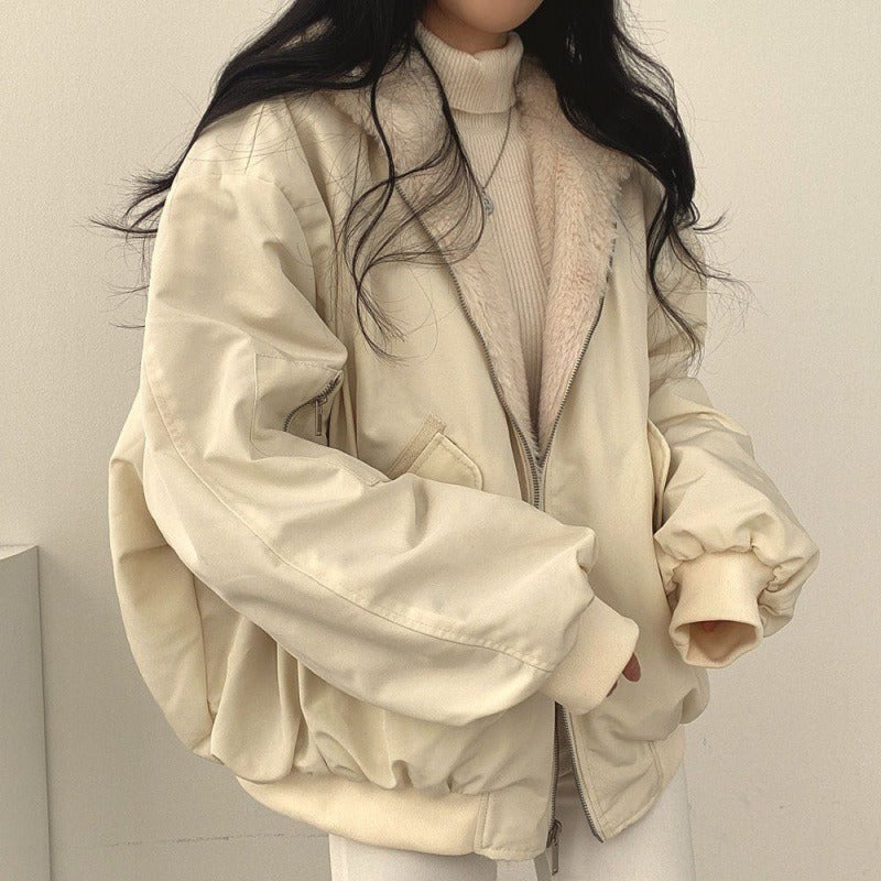 Female hooded jacket winter cotton jacket plus down thickening two sides wear lambswool cotton clothing women's winter new zipper top - Elevate