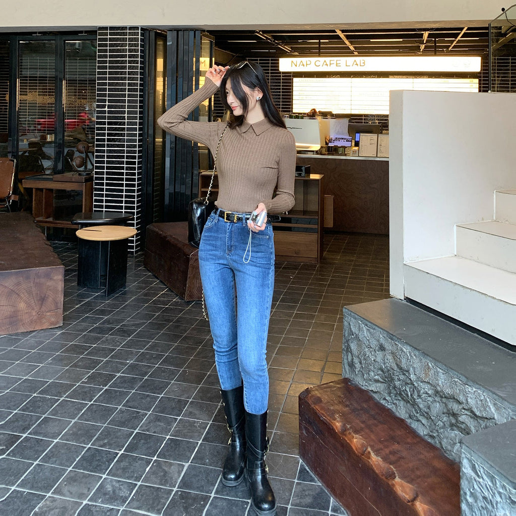 Pique Collar Slim Fit Inner Layer Apricot Knit Top for Women Polo Shirt Elegant Blouse - Elevate