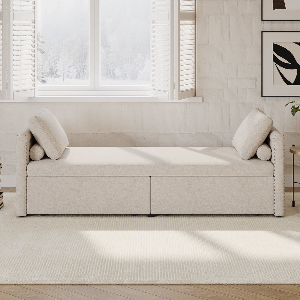Modern cushioned lounge chair sofa bed with 2 drawers, small single sofa bed without mattress, linen, beige - Elevate