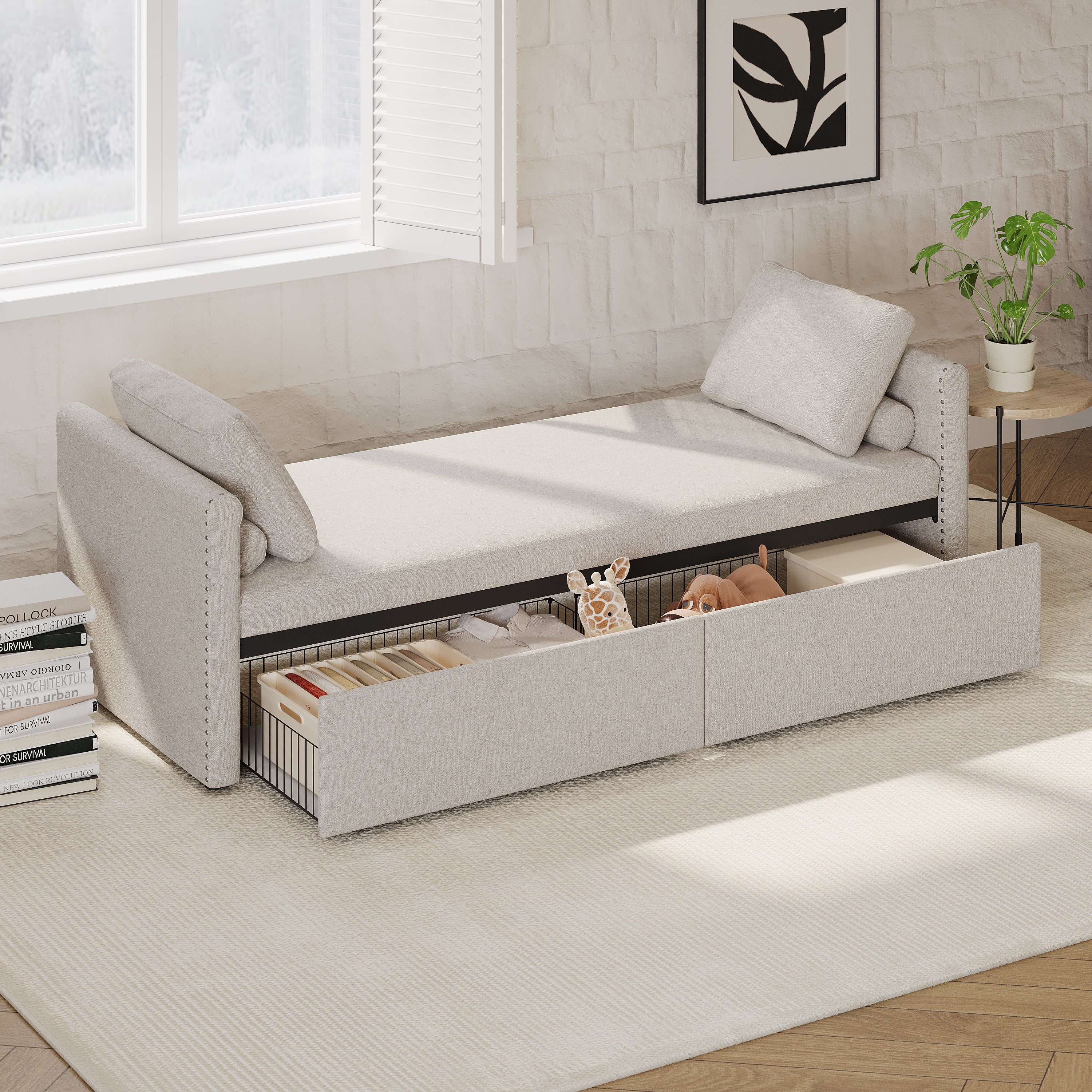 Modern cushioned lounge chair sofa bed with 2 drawers, small single sofa bed without mattress, linen, beige - Elevate