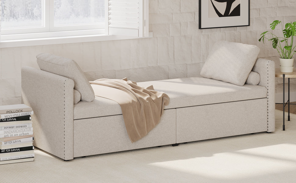 Modern cushioned lounge chair sofa bed with 2 drawers, small single sofa bed without mattress, linen, beige - Elevate