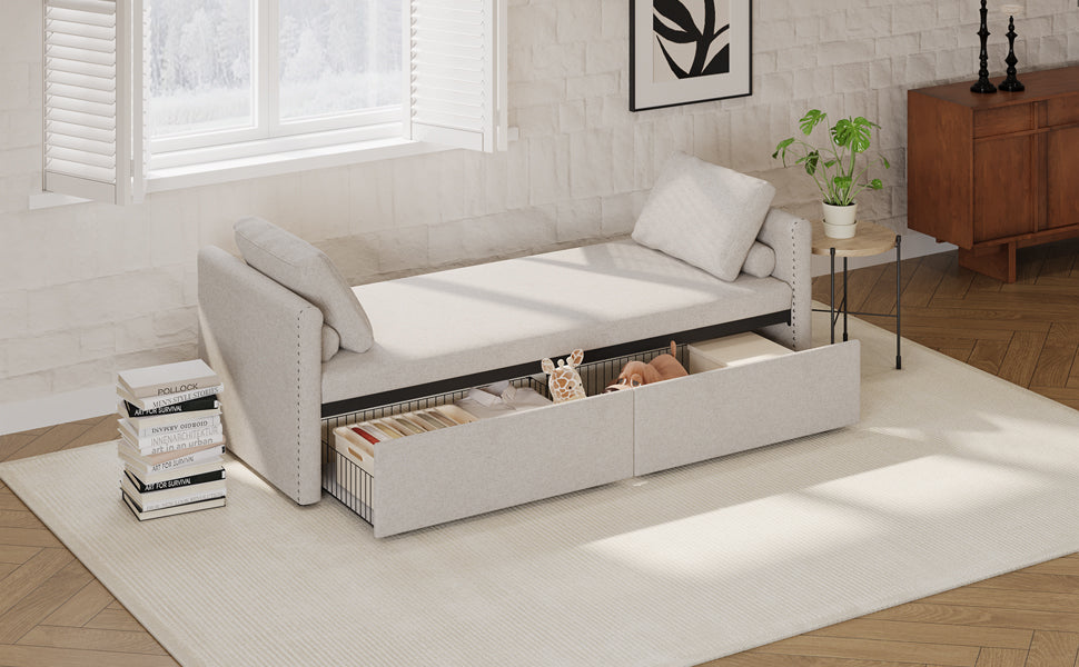 Modern cushioned lounge chair sofa bed with 2 drawers, small single sofa bed without mattress, linen, beige - Elevate