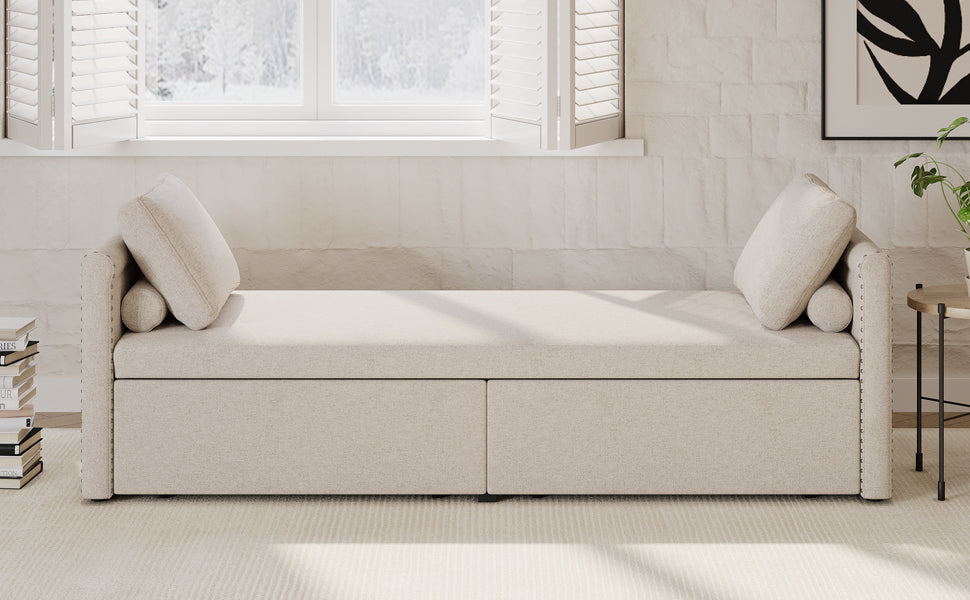 Modern cushioned lounge chair sofa bed with 2 drawers, small single sofa bed without mattress, linen, beige - Elevate