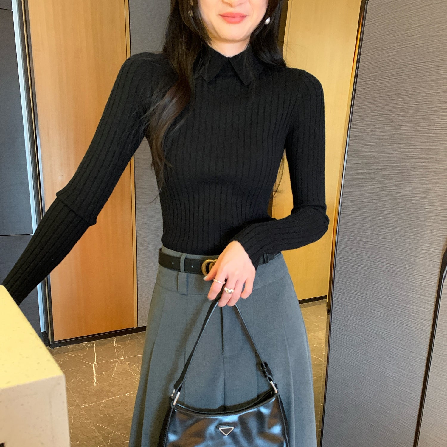 Pique Collar Slim Fit Inner Layer Apricot Knit Top for Women Polo Shirt Elegant Blouse - Elevate