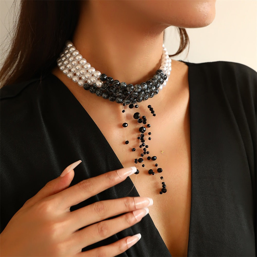Pearl Neckchain Tassel Multilayer Halloween Necklace Female European and American Beaded Bridal Ornament - Elevate