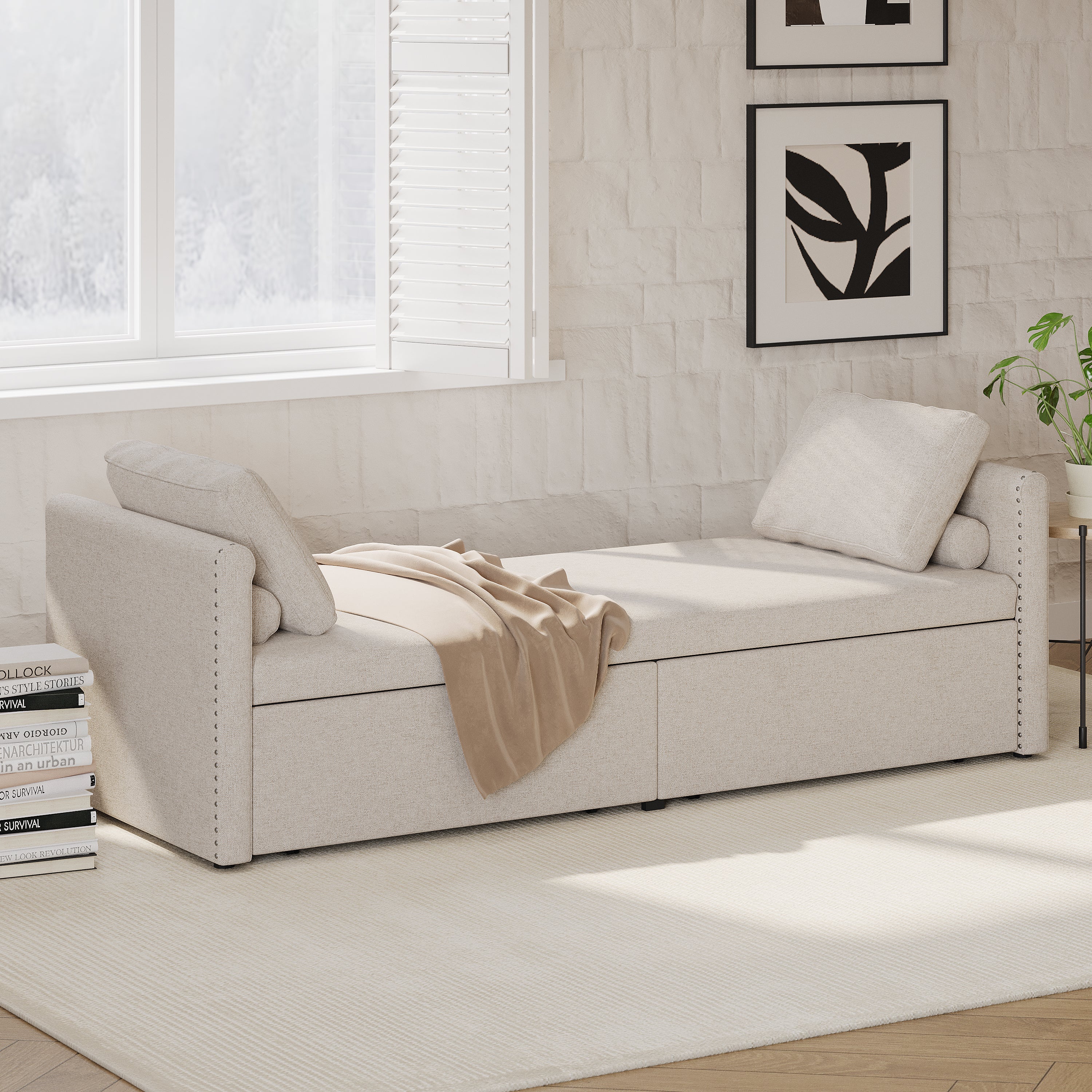Modern cushioned lounge chair sofa bed with 2 drawers, small single sofa bed without mattress, linen, beige - Elevate