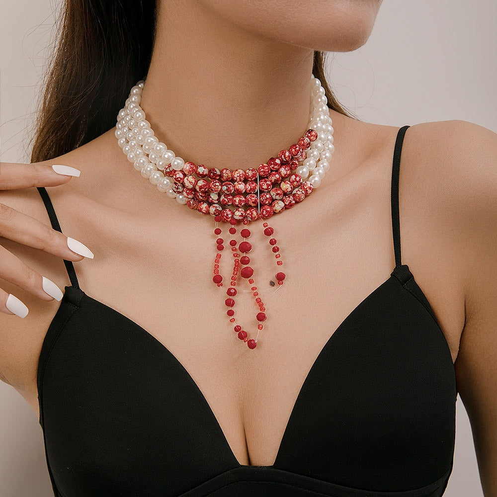 Pearl Neckchain Tassel Multilayer Halloween Necklace Female European and American Beaded Bridal Ornament - Elevate