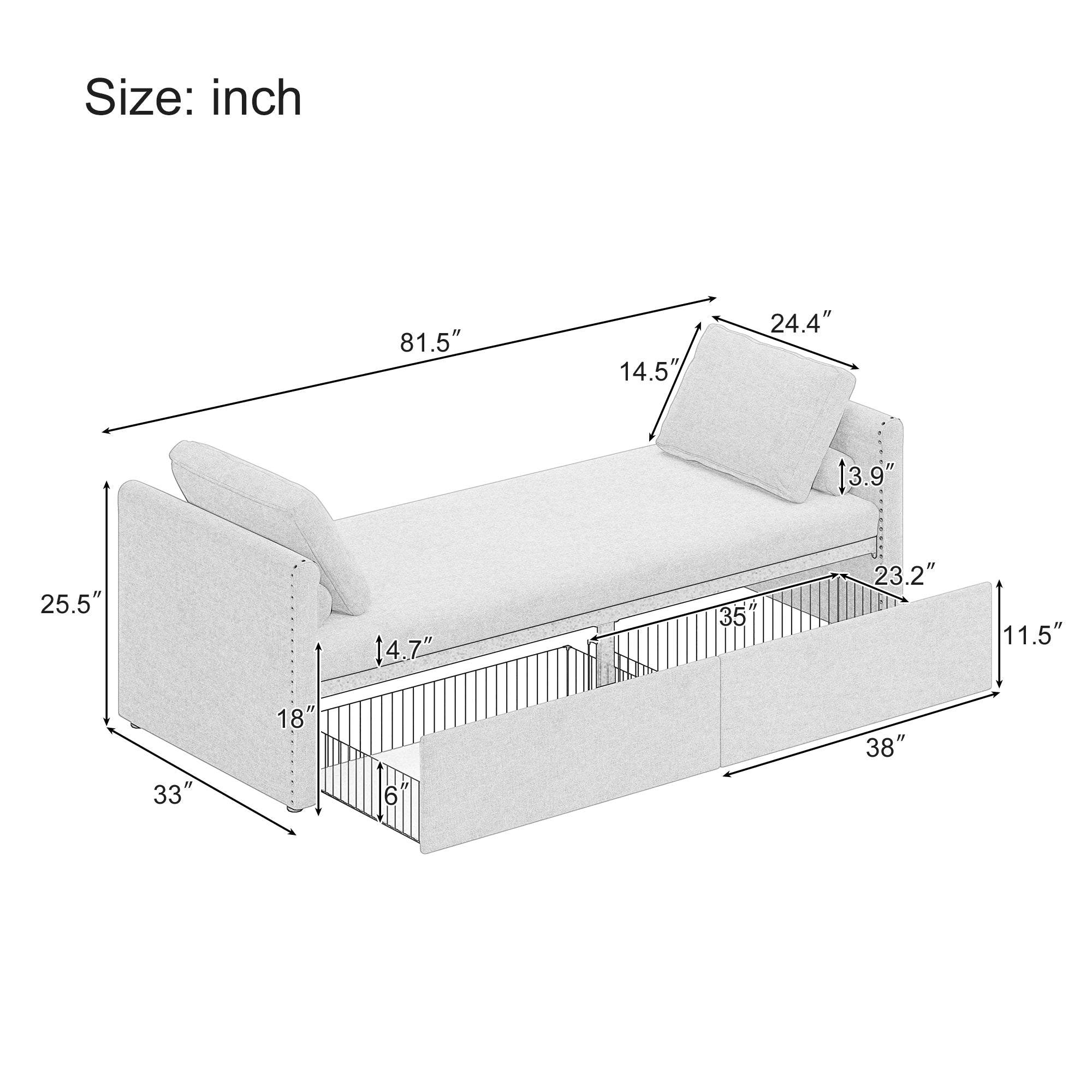 Modern cushioned lounge chair sofa bed with 2 drawers, small single sofa bed without mattress, linen, beige - Elevate