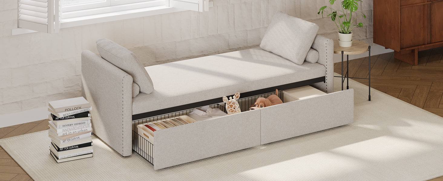 Modern cushioned lounge chair sofa bed with 2 drawers, small single sofa bed without mattress, linen, beige - Elevate