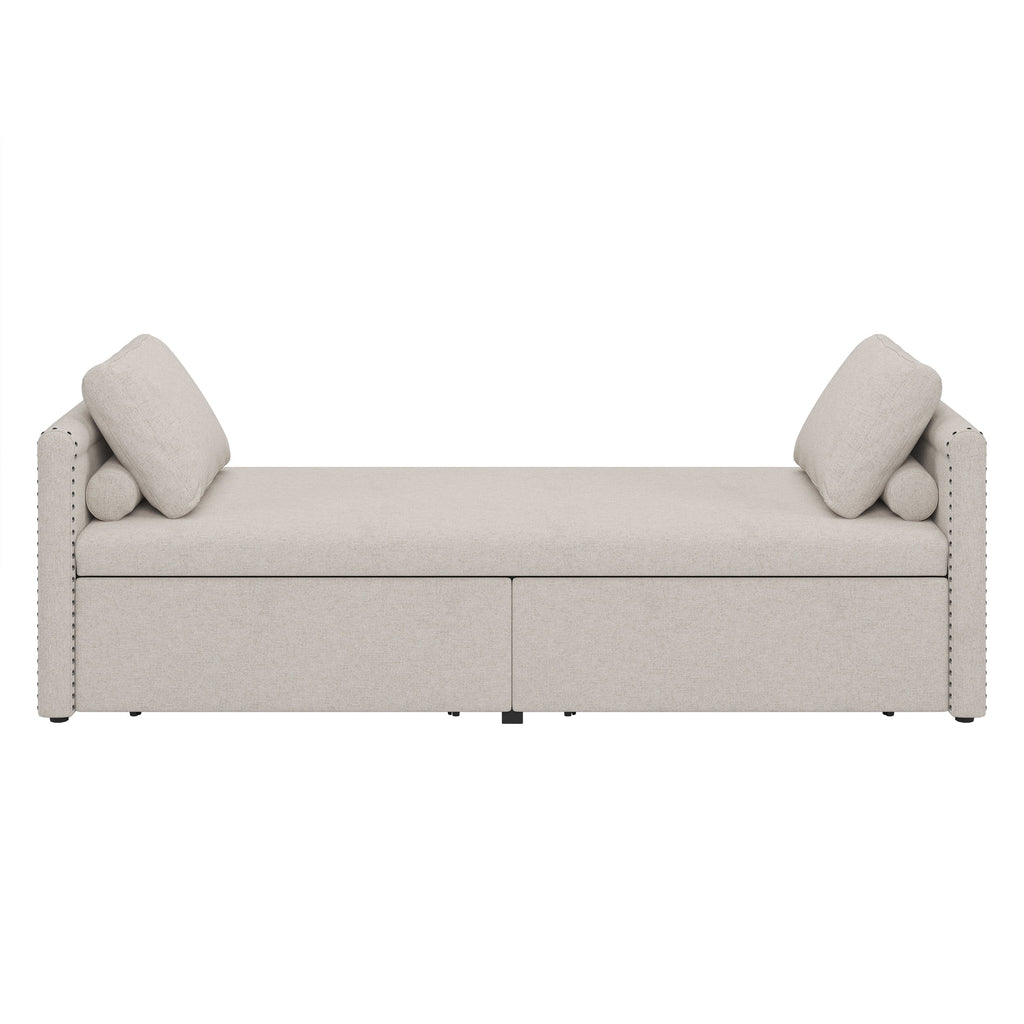 Modern cushioned lounge chair sofa bed with 2 drawers, small single sofa bed without mattress, linen, beige - Elevate