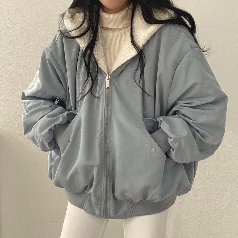 Female hooded jacket winter cotton jacket plus down thickening two sides wear lambswool cotton clothing women's winter new zipper top - Elevate