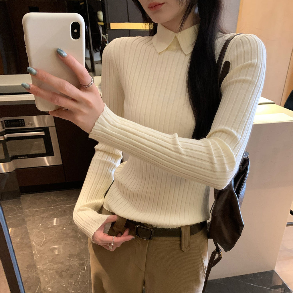 Pique Collar Slim Fit Inner Layer Apricot Knit Top for Women Polo Shirt Elegant Blouse - Elevate