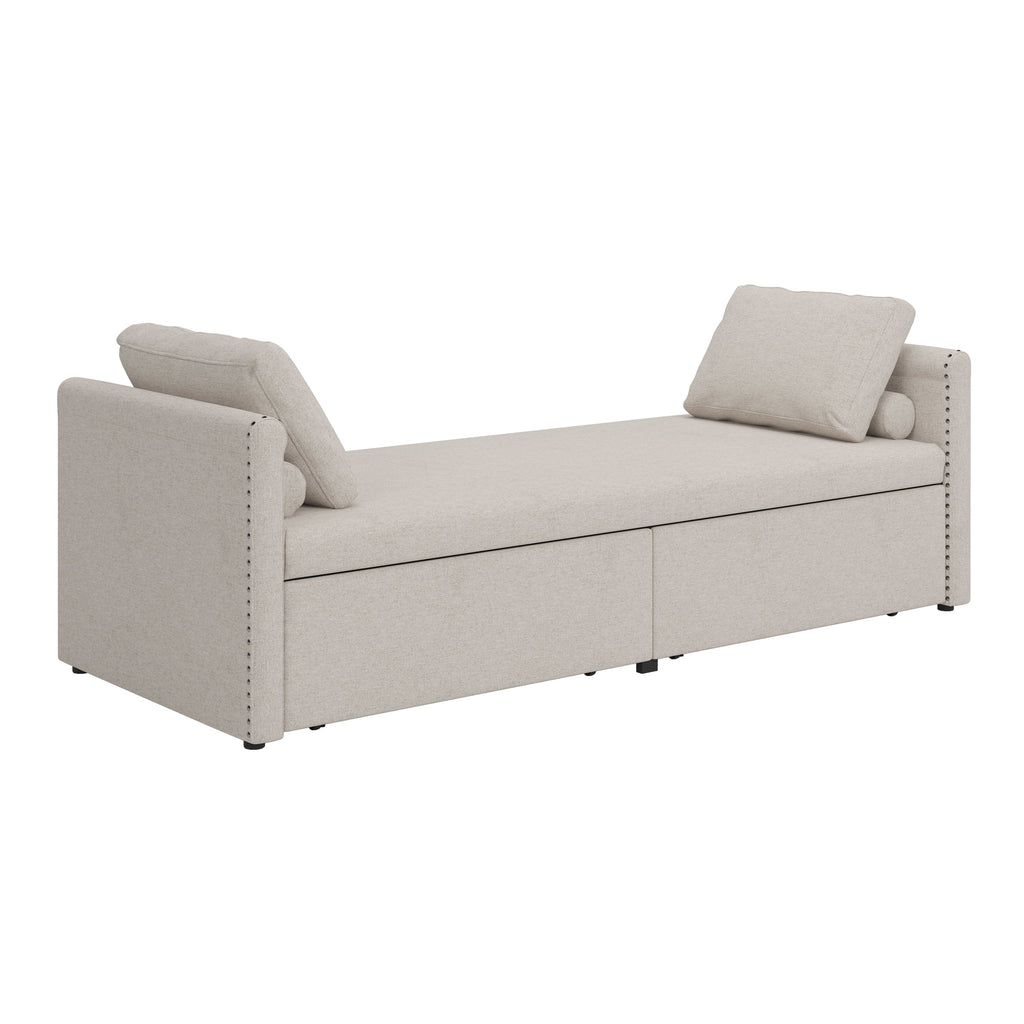 Modern cushioned lounge chair sofa bed with 2 drawers, small single sofa bed without mattress, linen, beige - Elevate